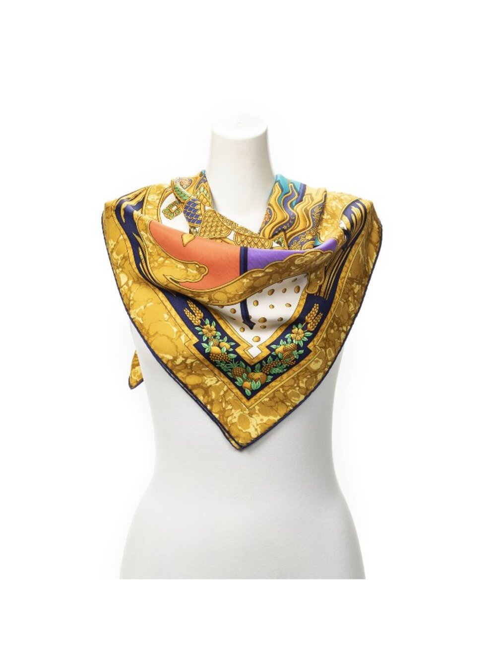 Hermes Scarf Navy Gold Red Twill Silk
